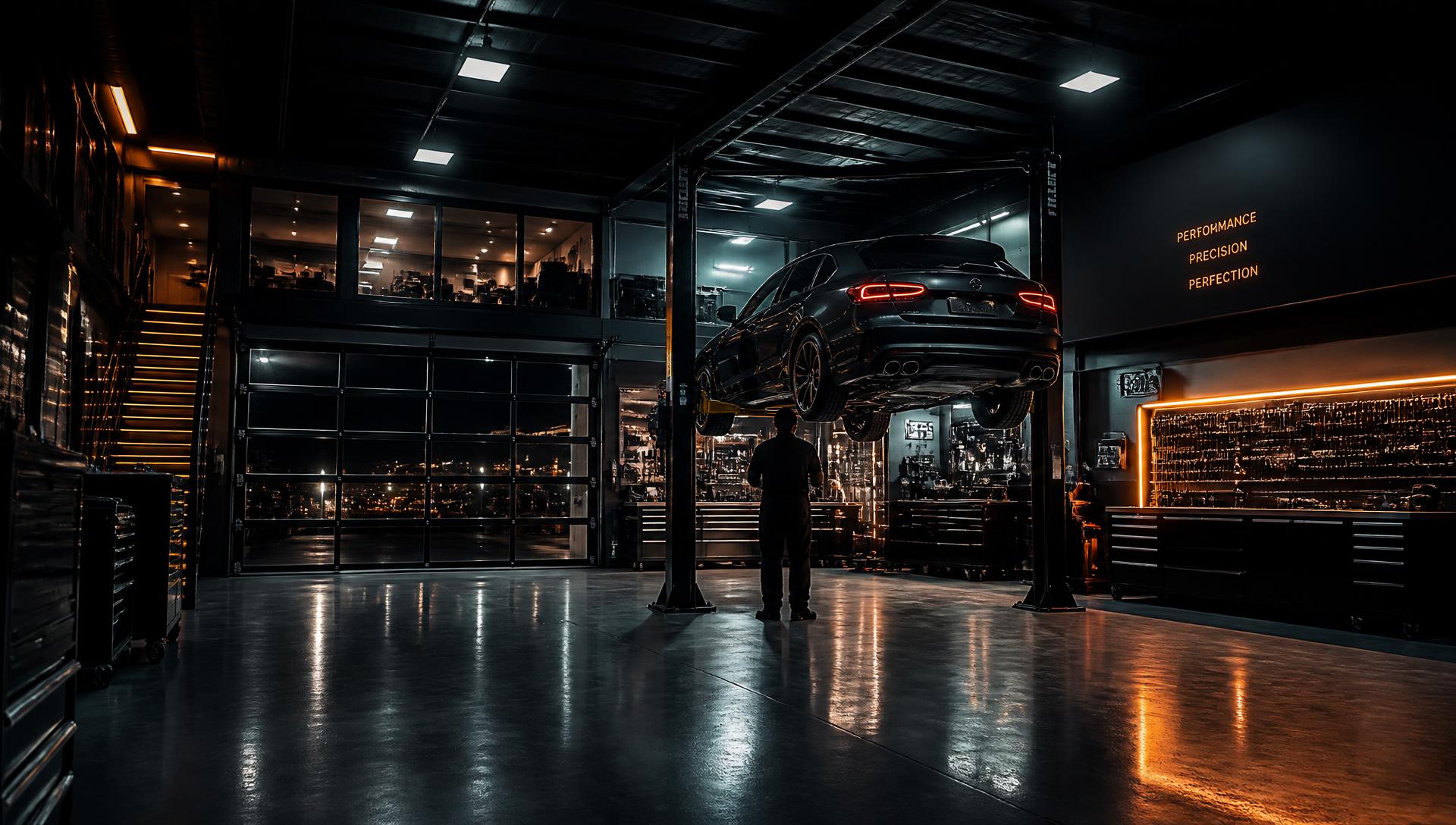 Interior de un taller mecánico moderno con un coche elevado